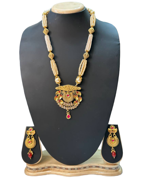Gold Plated Polki Long Mala Necklace & Earrings Set H15
