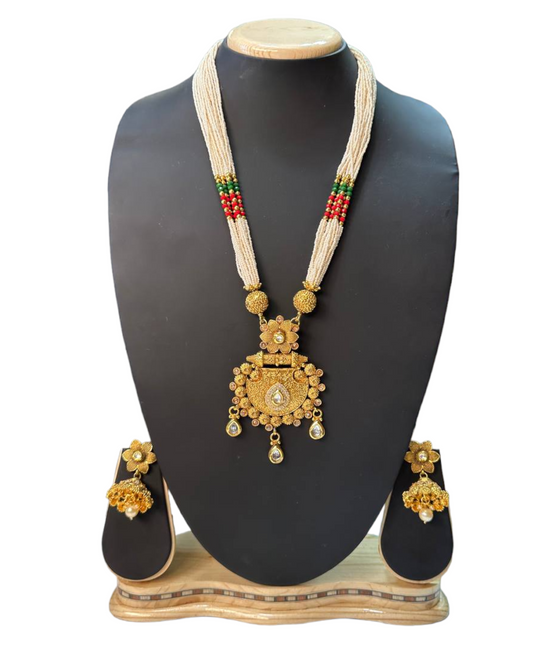 Gold Plated Kundan Long Mala Necklace & Earrings Set H17