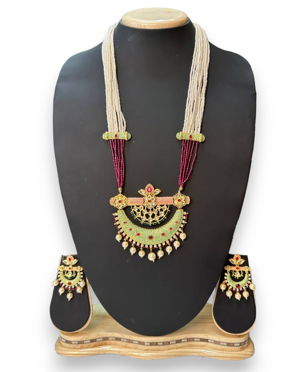 Gold Plated Kundan Long Mala Necklace & Earrings Set H18