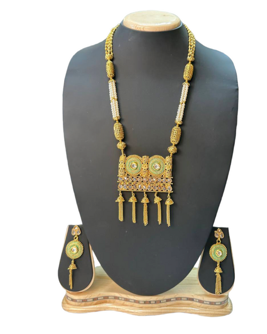 Gold Plated Polki Reverse AD Long Mala Necklace & Earrings Set H19