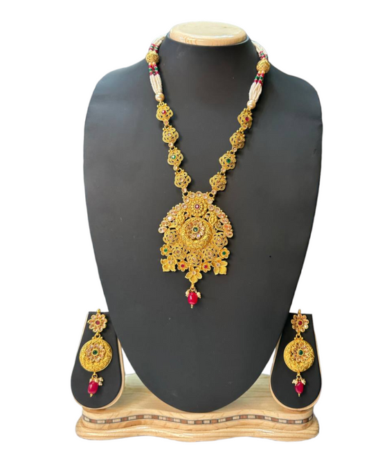 Gold Plated Polki Long Mala Necklace & Earrings Set H23