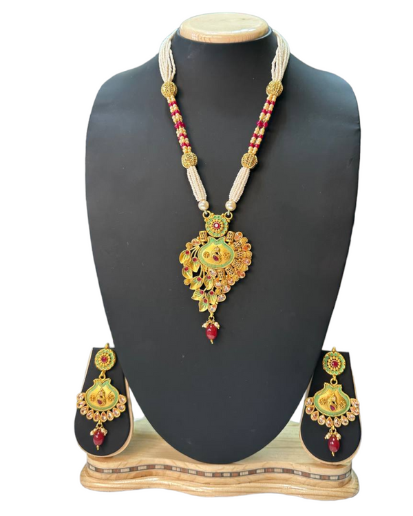Rajawadi Gold Plated Polki Reverse AD Long Mala Necklace & Earrings Set H20