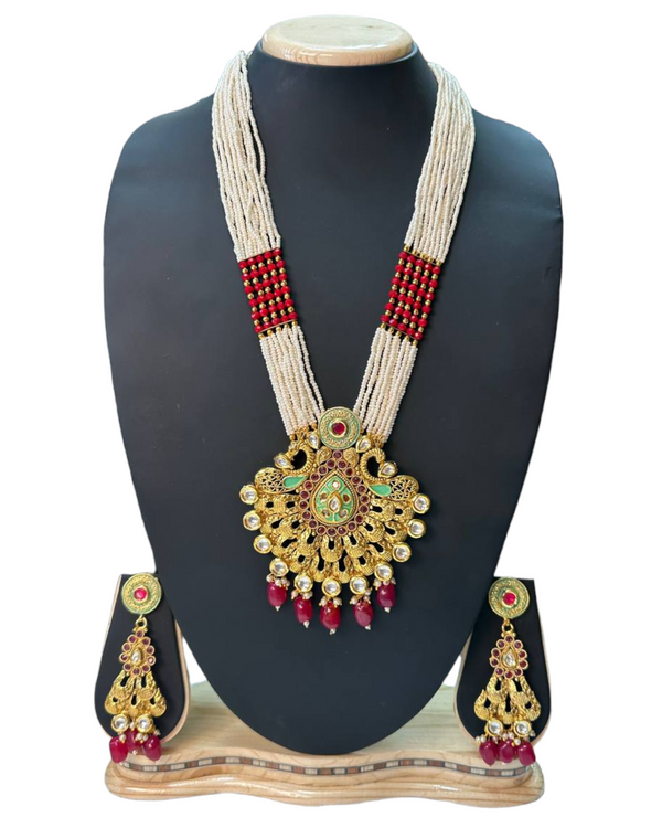Gold Plated Polki & Kundan Long Mala Necklace & Earrings Set H21