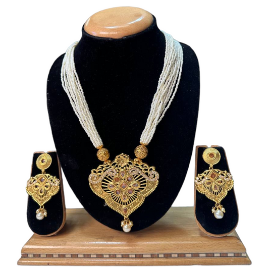 Gold Plated Polki & Meenakari Long Mala Necklace & Earrings Set H22