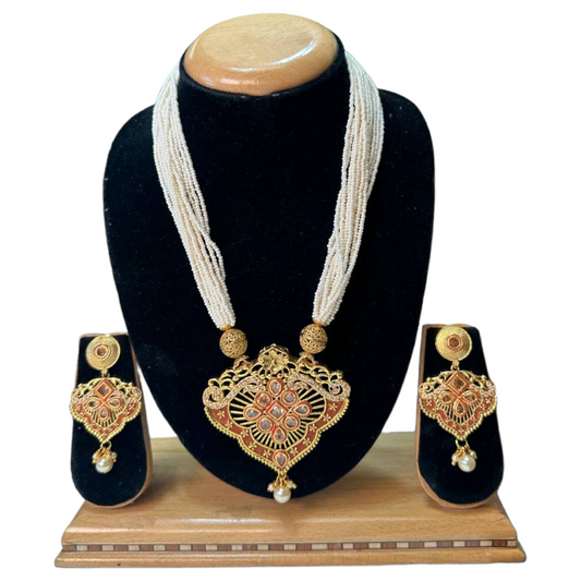 Gold Plated Polki & Meenakari Long Mala Necklace & Earrings Set H22