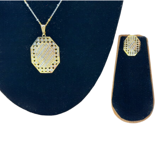 24k Gold & Rhodium Plated Dubai Style Dual Tone Chain, Pendant & Earrings Set DS2