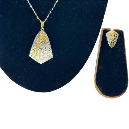 24k Gold & Rhodium Plated Dubai Style Dual Tone Chain, Pendant & Earrings Set DS7