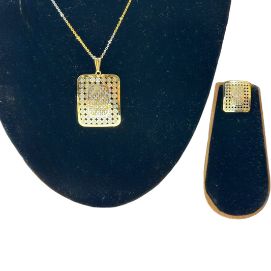 24k Gold & Rhodium Plated Dubai Style Dual Tone Chain, Pendant & Earrings Set DS8