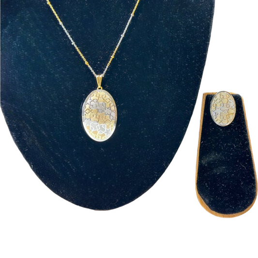 24k Gold & Rhodium Plated Dubai Style Dual Tone Chain, Pendant & Earrings Set DS9