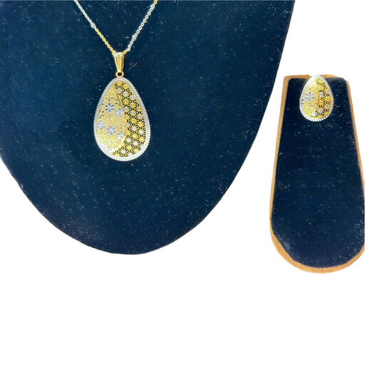 24k Gold & Rhodium Plated Dubai Style Dual Tone Chain, Pendant & Earrings Set DS10