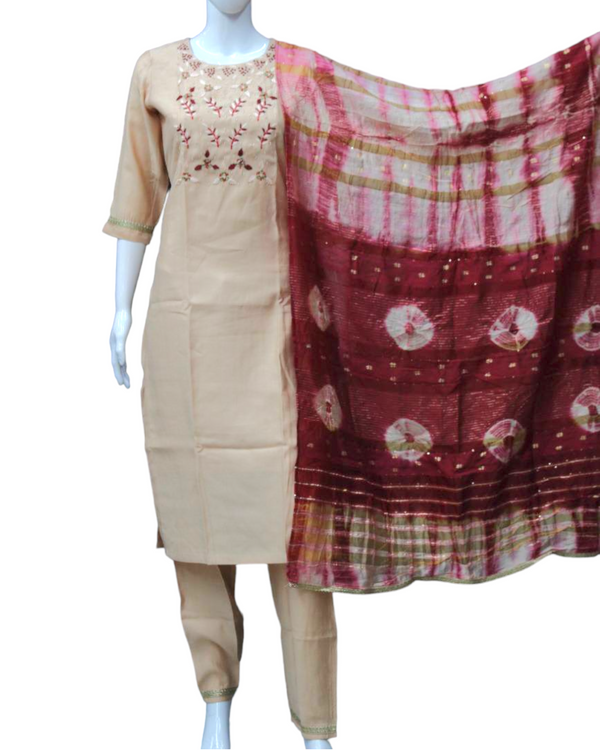 Silk Kurti, Pants & Dupatta 3pc Set With Embroidery And Lace #7S13