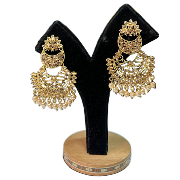 Gold Chand Bali Earrings With Clear Stones & Pearls #DE12