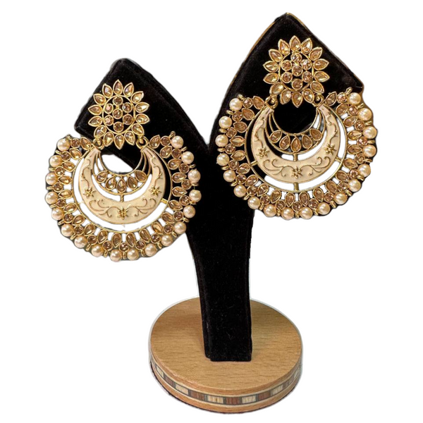 Gold Chand Bali Earrings With White Meenakari, Stones & Pearls #DE13