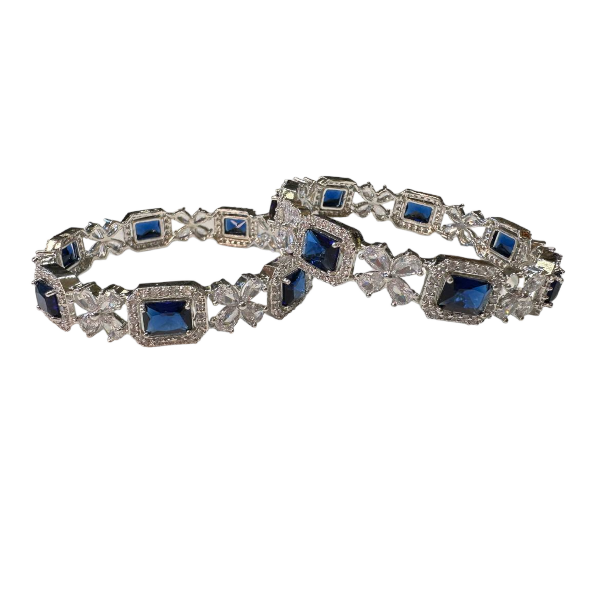 2pc Silver Bangles with American Diamond CZ & Blue Stones #ADBS18