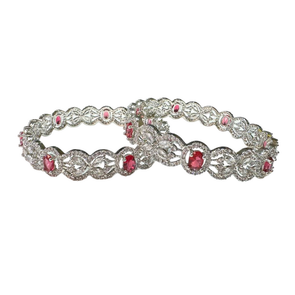 2pc Silver Bangles with American Diamond CZ & Red Stones #ADBS24