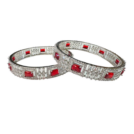 2pc Silver Bangles with American Diamond CZ & Red Stones #ADBS26