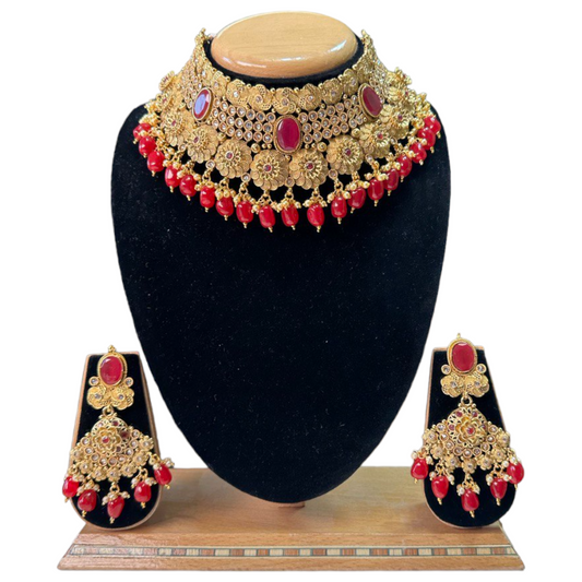 Bridal Gold Plated Reverse AD Choker Necklace And Earrings Set With Monalisa Stone #RABC4