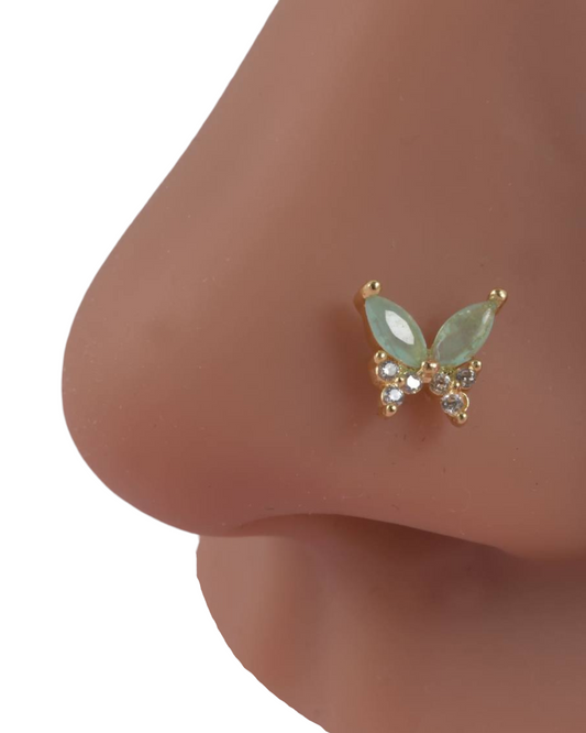 Gold Finish Cubic Zirconia & Mint Stone Butterfly Nose Stud N19