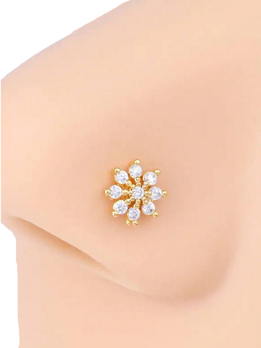 Gold Finish Cubic Zirconia Flower Nose Stud Body Piercing Jewelry N20