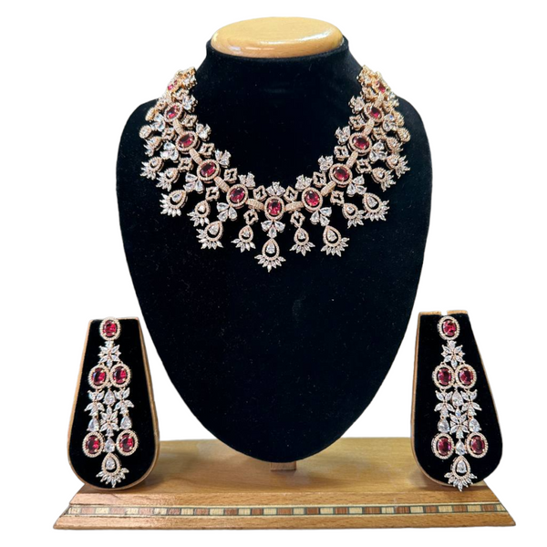 Rose Gold Bridal Necklace Set With Uncut American Diamond CZ & Red Stones BS9