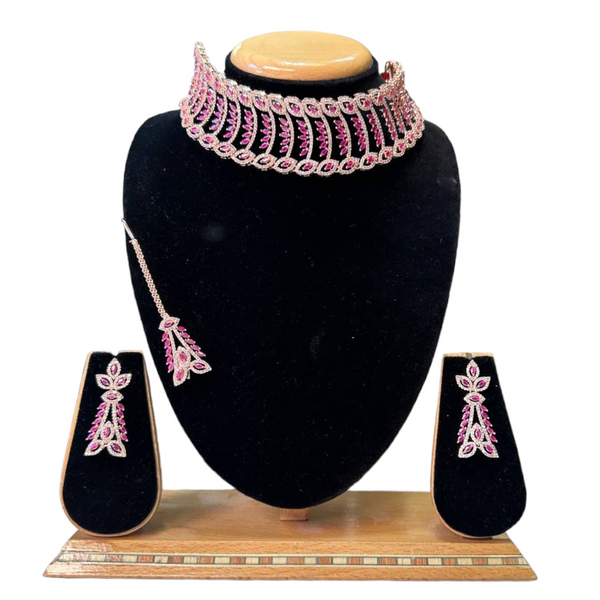 Rose Gold Choker Necklace Set With American Diamond CZ & Ruby Stones ADC33