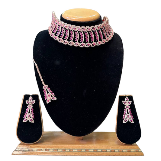 Rose Gold Choker Necklace Set With American Diamond CZ & Ruby Stones ADC33