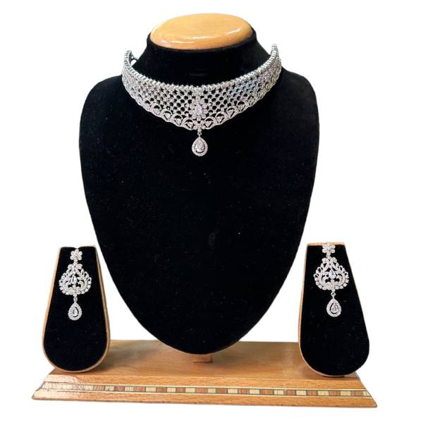 Silver Rhodium Choker Necklace Set With American Diamond CZ Stones ADC10