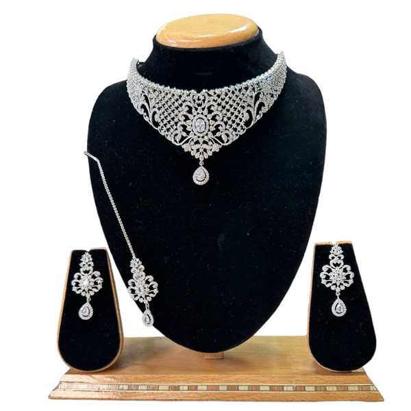 Silver Rhodium Choker Necklace Set With American Diamond CZ Stones ADC11