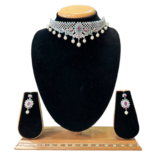 Choker Necklace Set With American Diamond CZ Stones ADC12