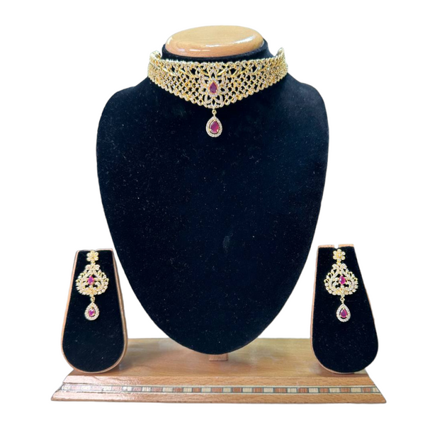 Choker Necklace Set With American Diamond CZ & Ruby Stones ADC16