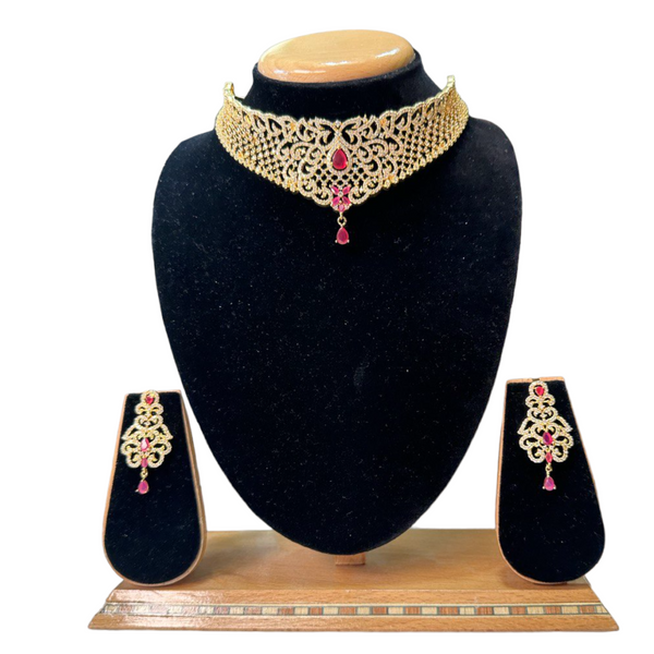 Choker Necklace Set With American Diamond CZ & Ruby Stones ADC21