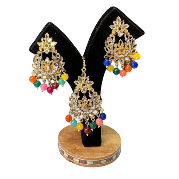 Gold With Multi Color Mirror Earring And Mang Tikka Set #KEMS9
