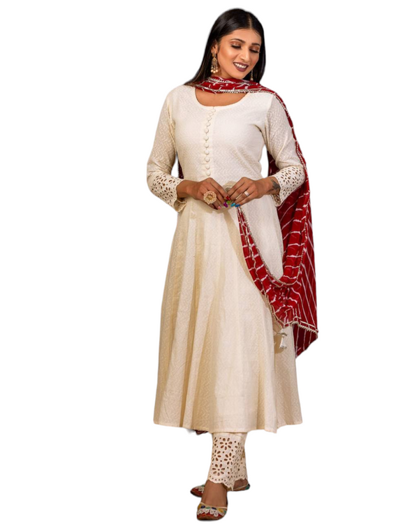 3pc White Gown Kurti And Cutwork With Pants and Lehriya Dupatta
