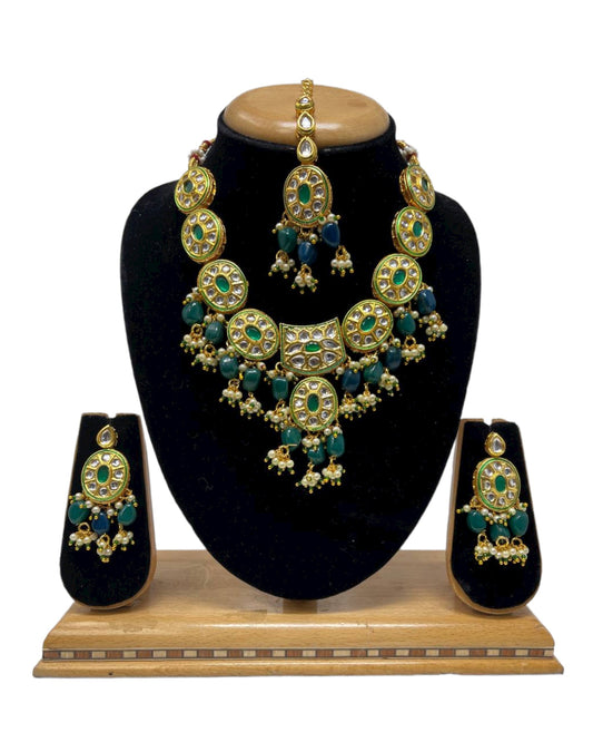 Kundan Necklace Earrings Mang Tikka Set With Red Green Stones #KS8