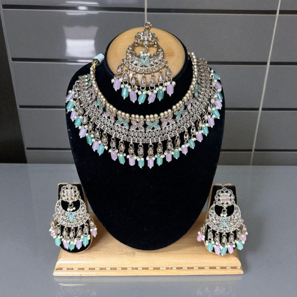 Polki Choker Necklace Set – Pink Beaded Bridal Jewelry with Earrings & Maang Tikka