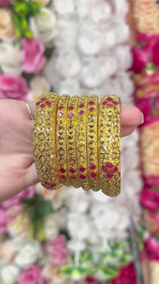 24k 1 Gram Gold Plated Hand Crafted 6pc Bangles Set With Ruby GB15