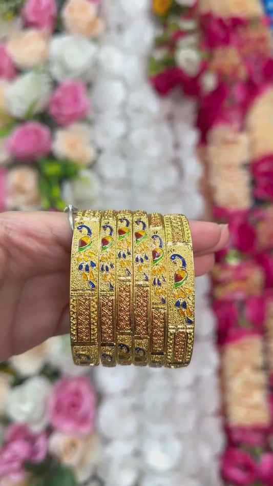 24k 1 Gram Gold Plated Hand Crafted With Peacock Meenakari 6pc Bangles Set GB20