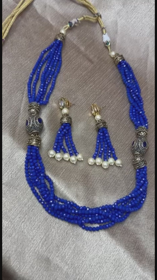 Royal Blue Beaded Necklace Set with Pearl Accents #P8