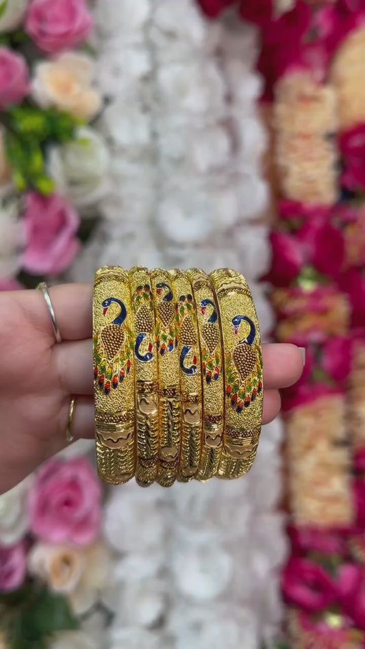 24k 1 Gram Gold Plated Hand Crafted Peacock Meenakari 6pc Bangles Set GB16