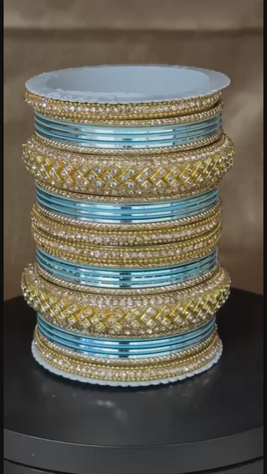 8056G - Gold-Tone Surf/Light Blue Studded Bridal Bangle Set – Elegant Indian Wedding Bangles