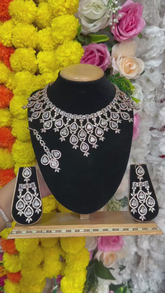 Premium Bridal Rose Gold Finish Hydro AD / CZ Stones Necklace with Earrings and Mangtikka Set | BS20