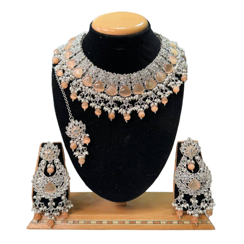 Polki Set With Mona Lisa Stones Necklace Earrings And Mangtikka Set #PS39