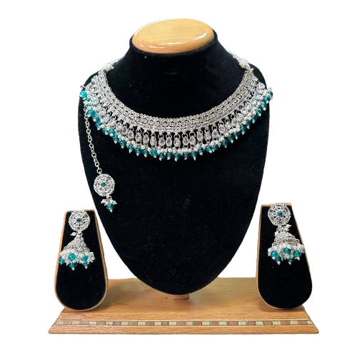 Polki Set With Mona Lisa Stones Necklace Earrings And Mangtikka Set #PS41