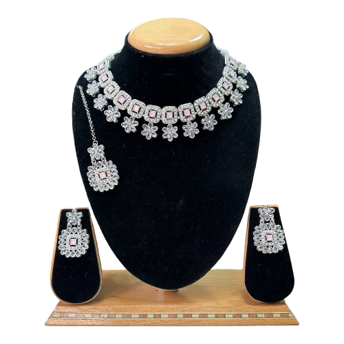 Polki Set With Mona Lisa Stones Necklace Earrings And Mangtikka Set #PS42