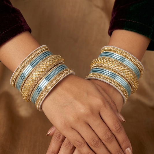 8056G - Gold-Tone Surf/Light Blue Studded Bridal Bangle Set – Elegant Indian Wedding Bangles