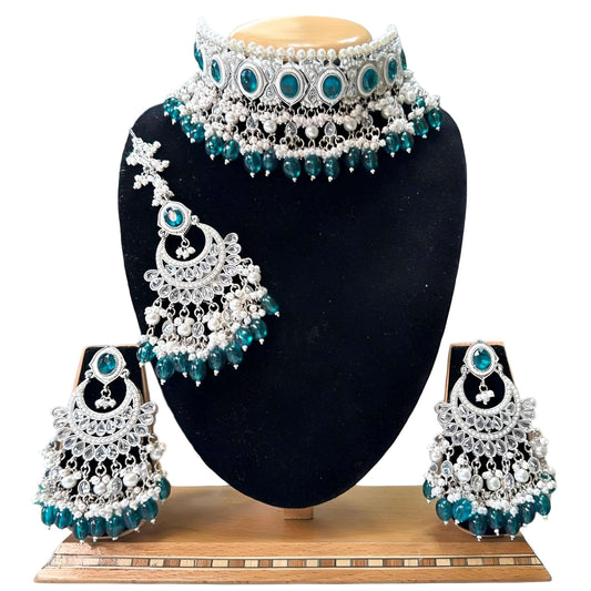 Bridal Choker studded Monalisa AD stones with Earrings And Mangtikka Set #PB14