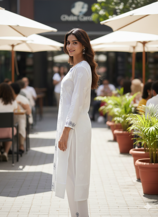 Top68 - 2-Piece Kurti & Pants Set Elegant White Embroidered Kurti