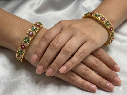 WAD6 - Ruby & Emerald Floral Bangles – Gold-Plated AD Bangle Set - Zenia Creations