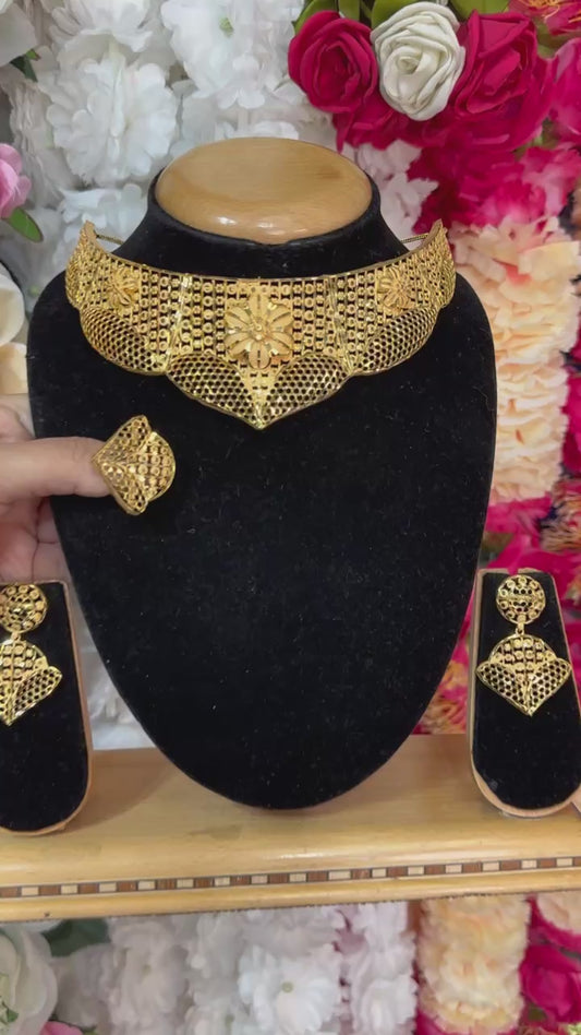24k 1 Gram Gold Plated Choker Necklace Earring And Ring Set GPC2