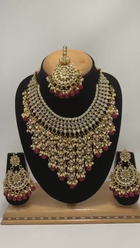 Marron Red Bridal Kundan Necklace Earring And Mang Tikka Set Set #KB2